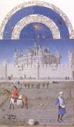 LIMBOURG brothers The medieval Louvre is in the background of the October calendar page (mk05) oil on canvas